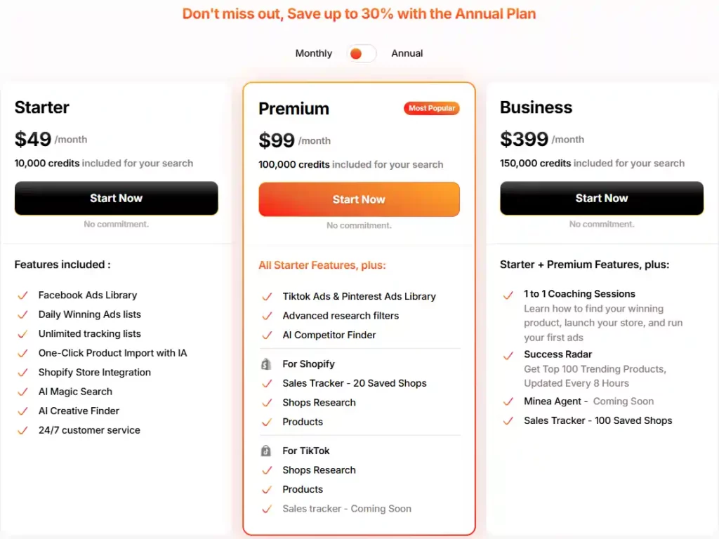 Minea for Agencies: Fast Competitor Ad Tracking Across Social Media 6 Minea Pricing Plan