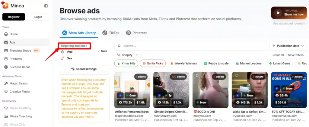 How to Combine Minea + Meta Ads Library for Competitor Research 7 Minea Target Audiences