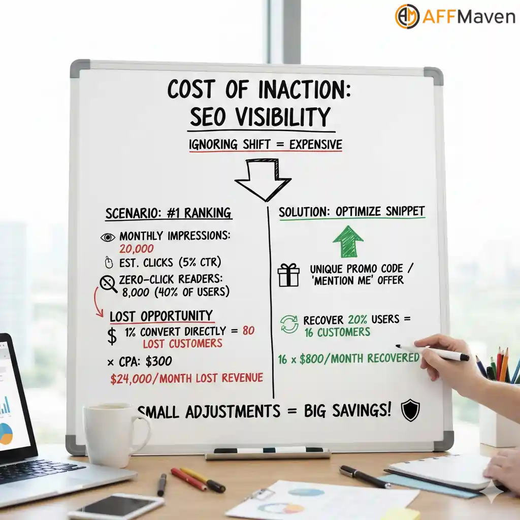 Zero Click Search Attribution Guide for Forex Affiliates (2026) 5 Zero-click search traffic revenue loss from inaction calculation diagram
